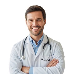 Smiling male doctor in lab coat with stethoscope, arms crossed.