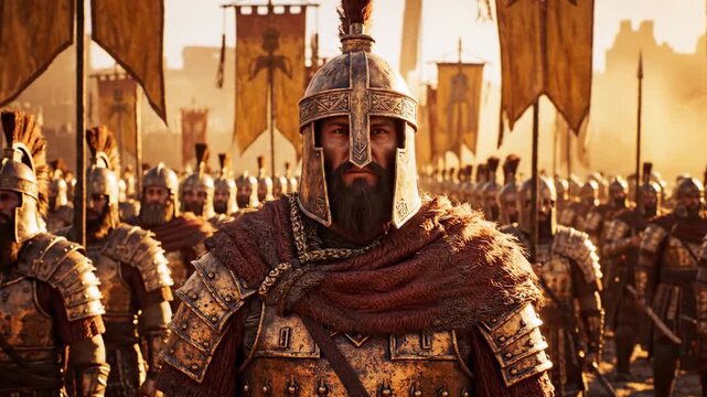 A medieval warrior in ornate armor stares ahead, leading a marching army under banners