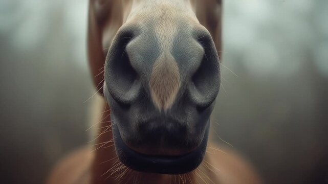 Breaking stillness, bay horse muzzle inhaling air in foggy clearing, with whiskers quivering