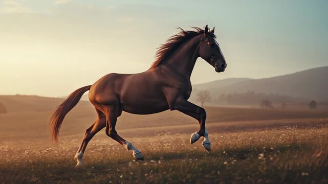 Trotting chestnut horse transitioning into canter then galloping across grassland with wildflowers