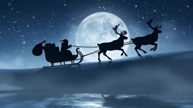 Santa Claus Sleigh Silhouette Flying with Reindeer Under Full Moon | Magical Christmas Night 4K Video |