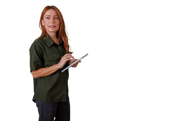 Woman with red hair interacting with a digital tablet, representing technology, business, and connectivity concepts. Transparent background
