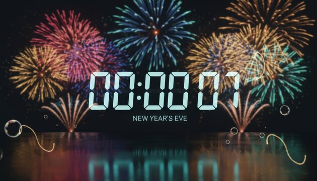 Digital clock displaying the final second of a new year countdown with colorful fireworks exploding in the night sky over a reflective surface, symbolizing celebration and anticipation
