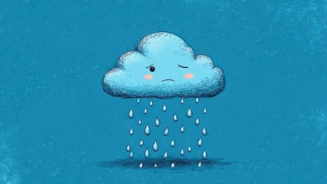 A sad cartoon cloud sheds tears as raindrops fall. Blue background with a textured effect