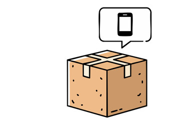 A cardboard box with a speech bubble containing a smartphone. ?Eco Alert? text. Simple, graphic illustration. Modern, clean design. Suitable for environmental or technology concepts.