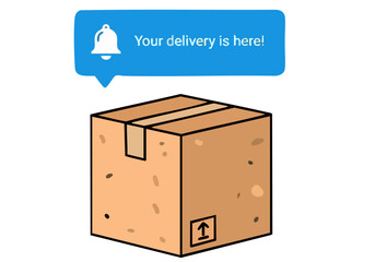 Delivery alert notification with a cardboard box. A bright blue bubble displays 'Your delivery is here!' against a simple, modern background. Clean, flat design.