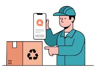 Delivery worker uses a mobile app to inspect a package with recycling symbol. Modern illustration style. Focus on logistics and sustainability.