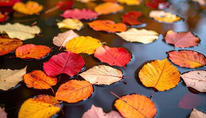 Vibrant Autumn Leaves Floating on Dark Water Surface in Soft Natural Daylight