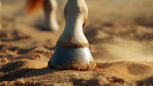 Descending metal-shod horse hoof marking stride by impacting sand under sunrise, spraying grains