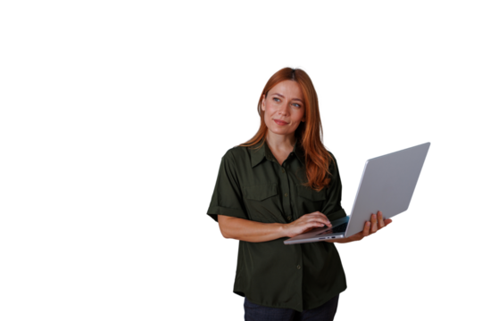Woman with red hair standing, working on laptop, thinking, transparent background, business and technology concept - Powered by Adobe