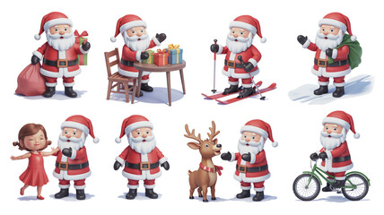 Fototapeta premium Collection of santa claus characters doing various activities isolated on white background in cartoon style