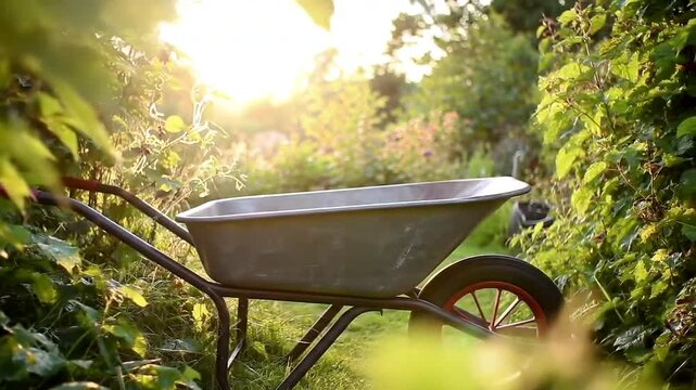 A serene garden scene featuring a wheelbarrow bathed in warm sunlight amidst lush greenery.