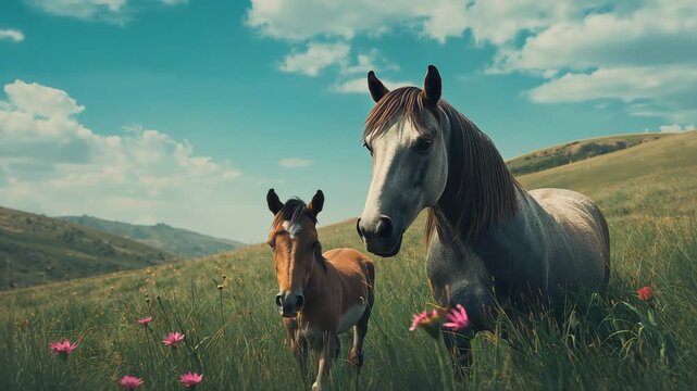 Gentle breeze rustling tall grasses and pink wildflowers, mare and foal pricking ears on hillside