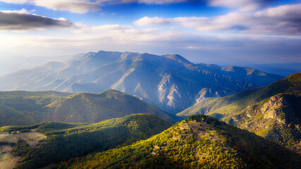 Mountain ridges and forests around Tsepina fortress in the Rhodope Mountains, Bulgaria