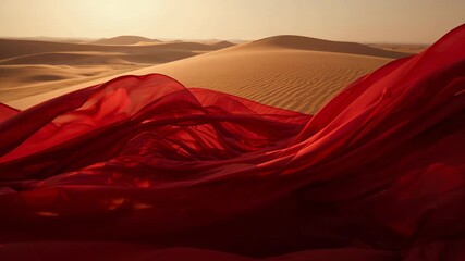Desert breeze causing red fabric billowing and undulating across sand dune under warm sunrise light - Powered by Adobe