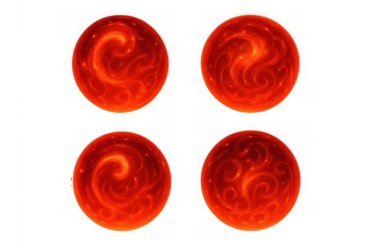 Red glowing energy orbs with fiery plasma swirls, creating magical fireballs and a power effect