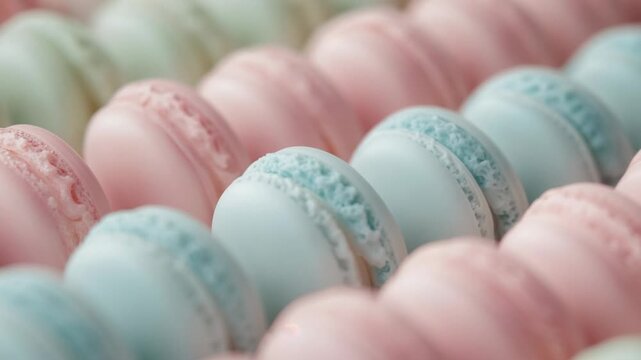 Panning camera focusing on pastel pink and blue macarons in pastry display tray, showing texture