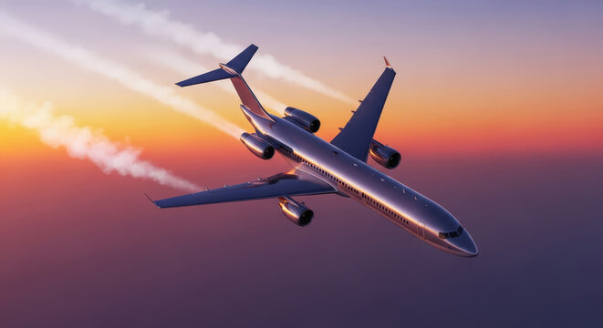 Modern passenger jet airplane flying across a vibrant sunset sky leaving white contrails behind