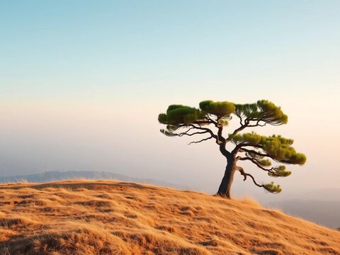 A solitary pine stands on a windswept hill, its branches reaching for the vast expanse,  vast,  solitude - Powered by Adobe
