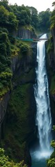 A powerful waterfall cascading into a lush green gorge, natural erosion and water power,  landscape,  gorge