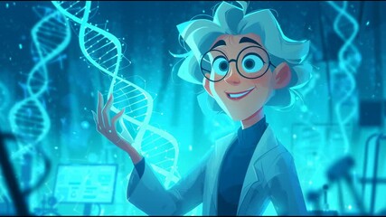 Cartoon scientist holding a glowing DNA strand, smiling in a futuristic lab with blue tones - Powered by Adobe