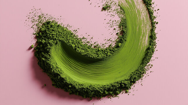 Green matcha powder in shape of brush stroke on plain pink background. Green tea.