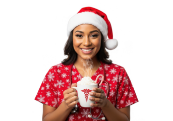 Smiling nurse in Christmas attire holding festive mug with whipped cream