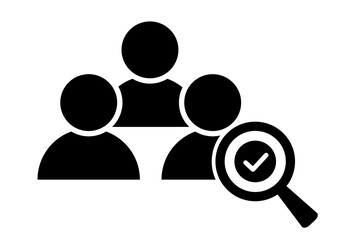 Group verification vector icon: multiple users being checked with a magnifying glass and check mark, symbolizing selection or audit