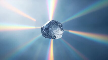 Receiving bright white light, faceted crystal rotating in hazy void, refracting rainbow beams - Powered by Adobe