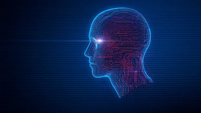 Neon blue wireframe human head with glowing eye and circuit patterns on dark gradient