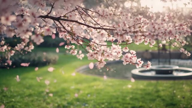 Swaying cherry blossom branch releasing pink petals above garden fountain, breeze causing drift