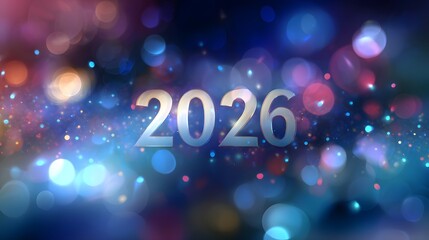 Happy New Year 2026 text on a bokeh background. Greeting card.