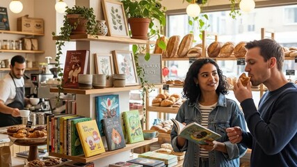 Couple Browsing Books and Baked Goods in a Cozy Cafe.