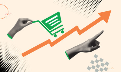 Conceptual illustration of a shopping cart riding an upward growth arrow, with hands directing the movement, symbolizing e-commerce sales increase, business profit strategy, marketing success, and fin