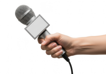 Hand holding a microphone, ready for an interview or public speaking engagement