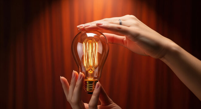 Hands holding a glowing vintage light bulb against a warm dark background, symbolizing innovation and ideas - Powered by Adobe