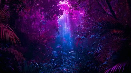 Capturing enchanted forest glowing with magenta foliage and ferns in cyan beam, evoking magic - Powered by Adobe