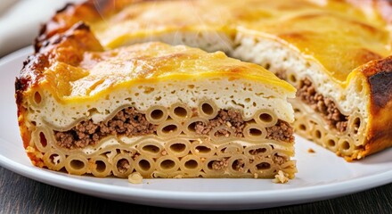 Hearty Traditional Greek Pastitsio, Baked Pasta Casserole with Savory Meat and Béchamel