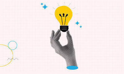 Creative concept of a human hand holding a bright glowing light bulb against a halftone background, symbolizing innovation, big ideas, solutions, and success in modern business.