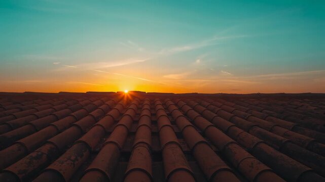 Rising sun casting warm glow across terracotta rooftop at dawn, illuminating ridge and wispy clouds