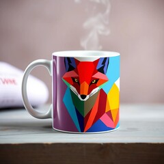 Obraz premium A mug featuring a geometric fox design in vibrant, unexpected colors, bringing a modern twist to your daily brew, ceramic mug, geometric mug