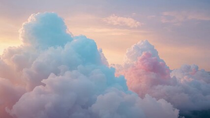 Opening shot showing tall pastel cumulus cloud panning right at sunrise, revealing pink sky - Powered by Adobe
