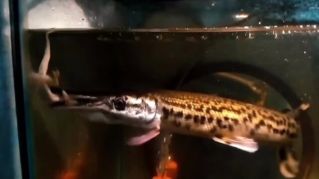 Predatory fish eating lizard in aquarium.