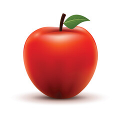 Realistic red apple with green leaf and stem isolated on white background. Fresh fruit illustration symbolizing health, nutrition, and natural food concept.