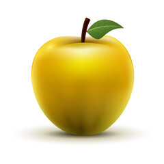 Realistic yellow apple with green leaf and stem isolated on white background. Fresh fruit illustration symbolizing health, nutrition, and natural food concept.