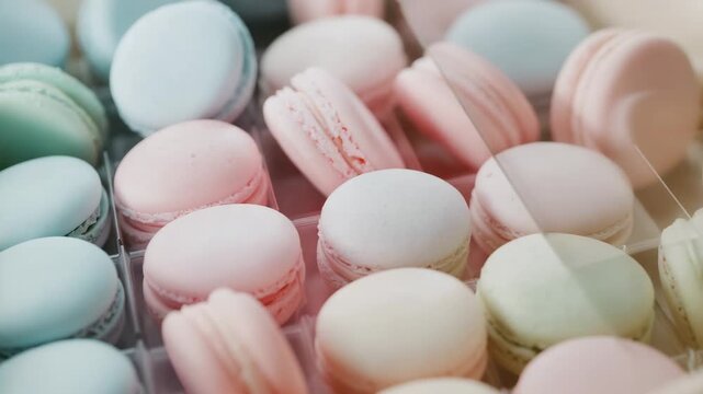 Panning camera upward across pastry display, focusing on pastel macarons after close-up reveal