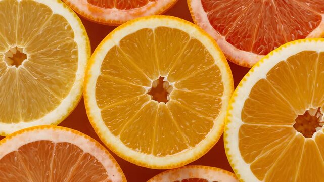 Shifting lights causing citrus halves grid shimmering in studio, highlighting radial pulp patterns