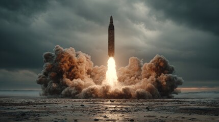 Advanced trajectories: the launch of an intercontinental arsenal. Newsworthy image. A missile's launch on a clear day: transparency in modern warfare. Everyday life. Press photo.