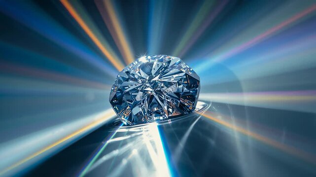 Brilliant-cut diamond reflecting prismatic rays by brightening spotlight on studio surface