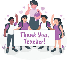 Teacher and students holding thank you sign with hearts gratitude appreciation